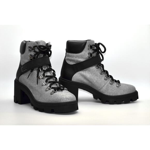B00 NEW MONCLER Carol Slv Shimmery Lace Up Ankle Strap Combat Boots Sz 36.5 $780 - Picture 1 of 8